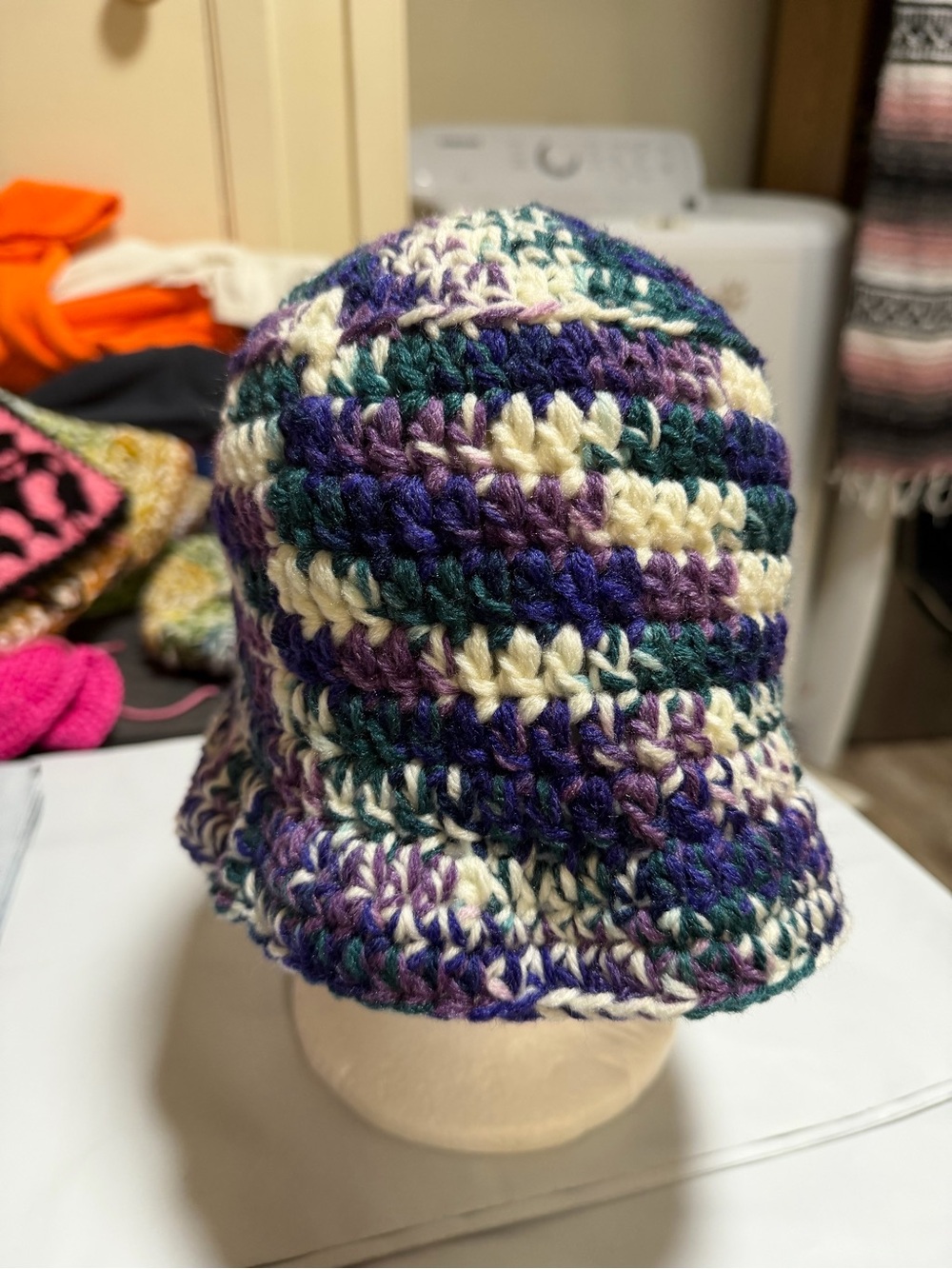 Handmade Purple & Cream Crochet average head Bucket Hat